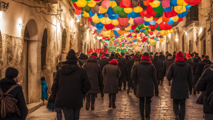 Panorama natalizio in Puglia con luci e decorazioni, simbolo dei “Capodanni di Puglia”